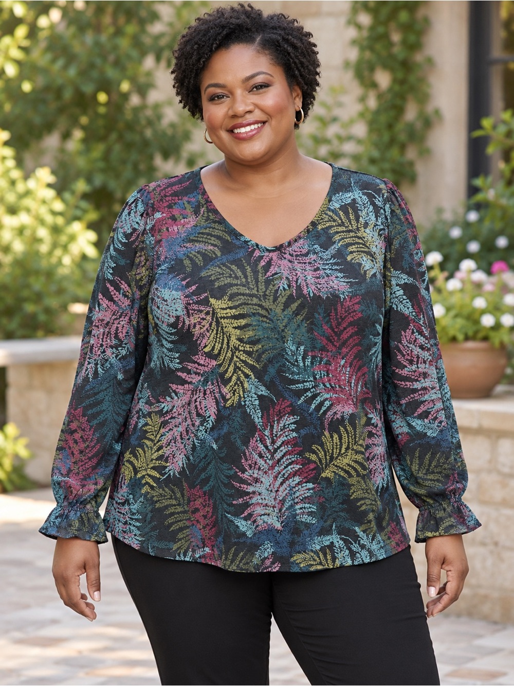 CJ Banks Black V-Neck Long-Sleeve Leaf Print Top - Multicolor Ferns